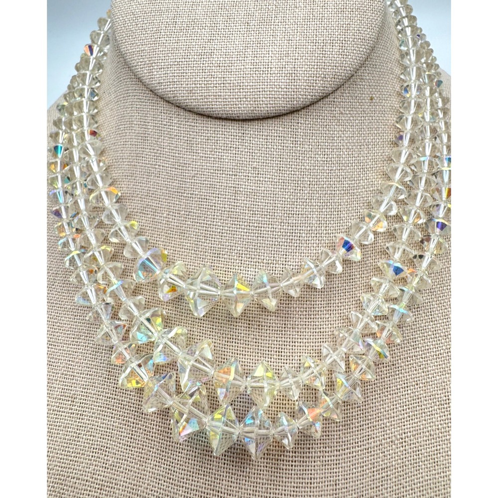 Vintage Glass Bead Necklace AB 3 Strand Graduated Aurora Borealis Choker‎ 1950s
